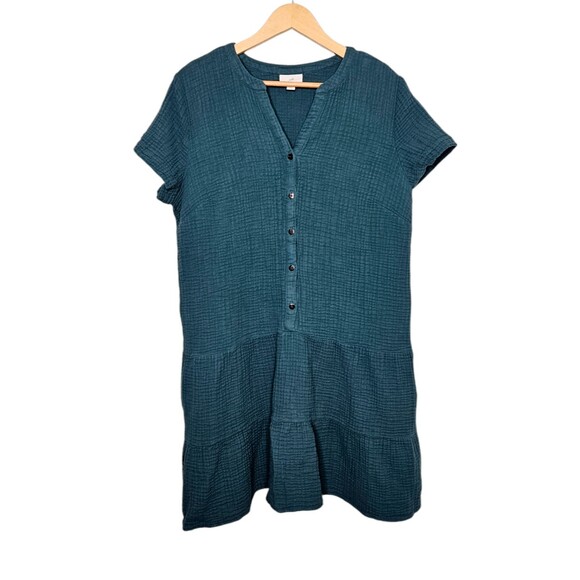 J. Jill Dresses & Skirts - J. Jill Teal Textured Button-Front Cap-Sleeve Dress